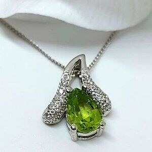 Natural Peridot 9x6mm & Cz 14K White Gold‎ Plate 925 Sterling Silver Necklace